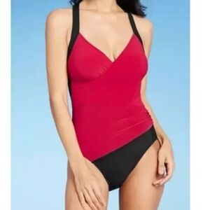 Aqua Green Drape Front One Piece Swimsuit V-Neck Blush/Black. Size M.